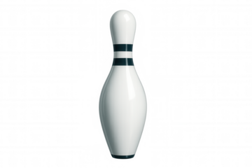 Vintage white bowling pin featuring black stripes, positioned vertically on clear backdrop highlighting classic sporting equipment design