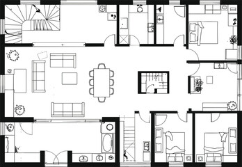 Spacious house floor plan with detailed layout including kitchen, dining area, bedrooms, bathrooms, living room, and staircase for architectural and interior design projects.