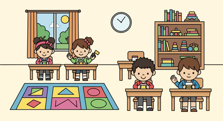 Illustrative classroom scene featuring children learning geometry and playing happily