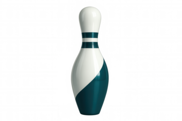 Green and white bowling pin standing upright on a transparent background, poised and ready for an exciting strike in the game