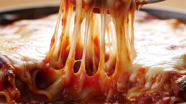 Close-up of Cheesy Baked Ziti Pasta with Tomato Sauce Being Lifted with a Fork