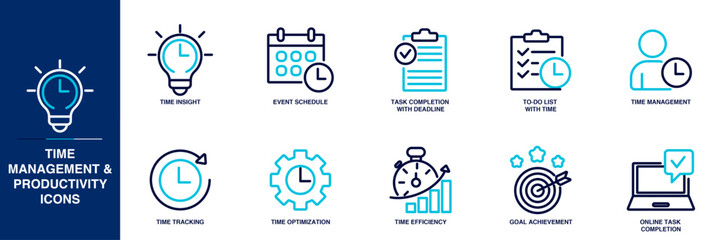 Time Management & Productivity Blue Colored Outline Icon Set