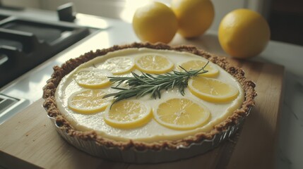 Fresh Lemon Tart with Rosemary Garnish and Yellow Lemons in Kitchen