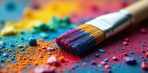 Fototapeta premium Close-up of a paintbrush brimming with vibrant, multicolored paint, ready for artistic expression The texture of the bristles and the richness of the colors are sharply in focus , macro, craft