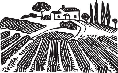 Vineyard Vista: A detailed, monochrome illustration of a lush vineyard landscape, where rows of vines stretch towards a quaint building nestled amid gentle hills.