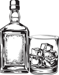 Whiskey Bottle and Glass: A detailed black and white illustration of a whiskey bottle and a glass filled with ice cubes, perfect for drink-related projects or designs.