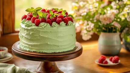 Fresh Mint Cake with Raspberries and Vibrant Green Frosting