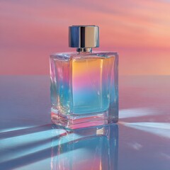 Elegant Glass Perfume Bottle with Soft Gradient Reflections on a Subtle Pastel Background