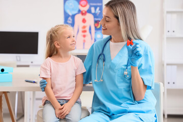 Fototapeta premium Female endocrinologist with thyroid gland model and little girl in clinic