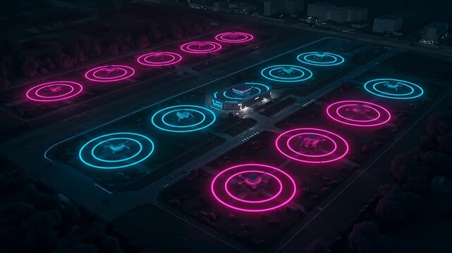 Futuristic Drone Port with Neon Landing Pads at Night Urban City