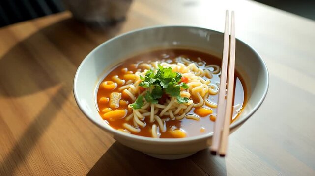 Cinematic top-down shot of ramen noodle bowl with chopsticks resting across. Steam rises softly in bright daylight, minimal modern styling with cozy comfort food mood.