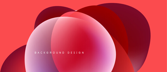 Abstract shapes overlap, creating vibrant red, pink gradients. Design features smooth transitions, modern aesthetic. Background is coral color.