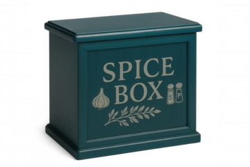 Teal spice box with decorative garlic, salt and pepper shakers and lettering isolated on a transparent background