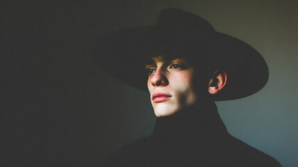 Fototapeta premium A young caucasian man in a dark wide-brimmed hat, his face partially illuminated. Conceptual headshot for fashion or art.