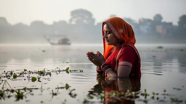 Woman in Orange Saree Praying in River at Sunrise in India with Calm Water Reflection