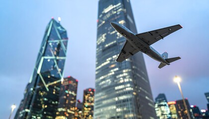 Airplane over illuminated city skyline
