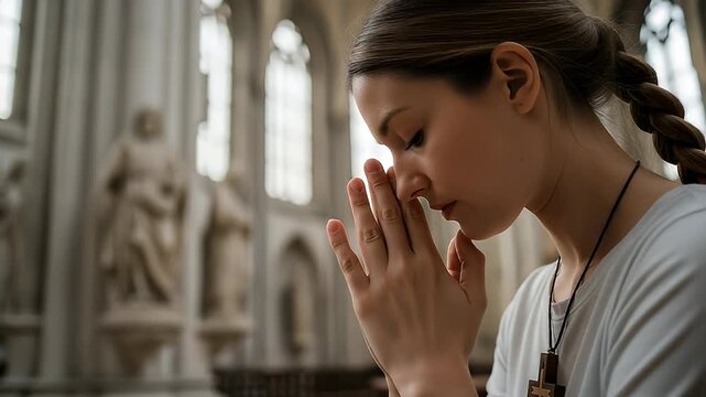 Woman In White Top With Braided Hair Praying In Church Sunlight Shining Through Gothic Architecture