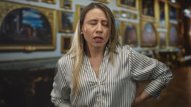 Blonde woman wearing striped shirt and pearl earring holds lower back for backache in building adorned with paintings; discomfort.