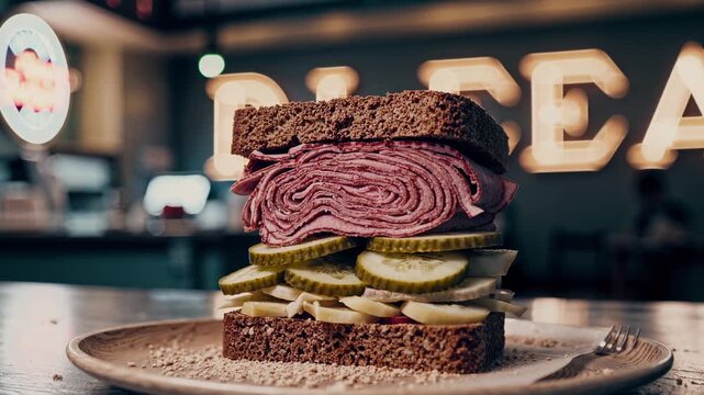 pastrami on rye sandwiches with pickles arranged in a grid on plates, creating a visually appealing display against a deli counter backdrop