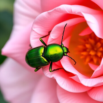Green June beetle Cotinis nitida on pink rose. Macro photo of insect, beetle, floral bloom with petals. Nature wildlife, flora and fauna summer garden. Botanical illustration.