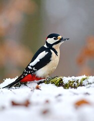 A woodpecker perched on snowy ground in a forest