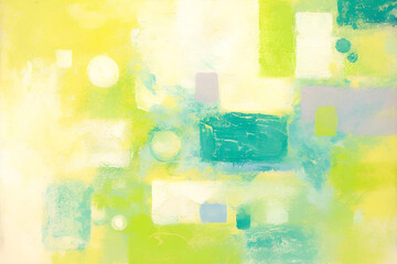 水彩風の抽象アート・グリーンとイエローの幾何学模様背景