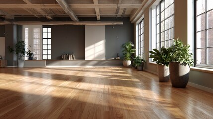 Sunlit Modern Loft Interior Hardwood Floor Large Windows Potted Plants