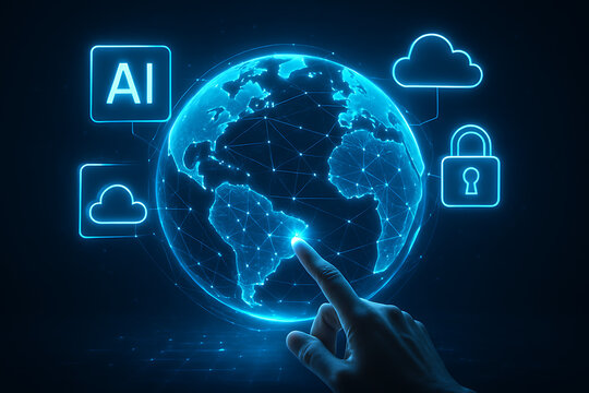 Artificial intelligence and global network, a person is interacting with a glowing earth hologram with network connections in a futuristic environment