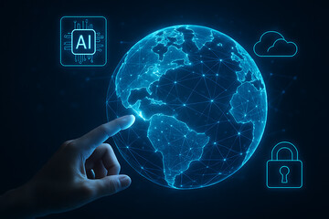 Artificial intelligence and global network, a glowing earth hologram with network connections and an AI icon is displayed in a futuristic digital environment