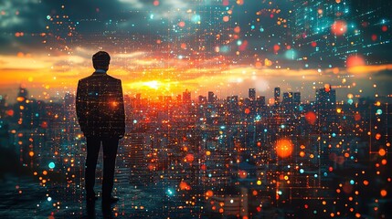 Urban skyline sunset double exposure with suit silhouette, elegant mysterious global business symbolism