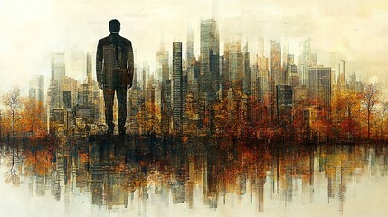Gradient pastel cityscape and businessman silhouette double exposure, achievement serenity urban charm