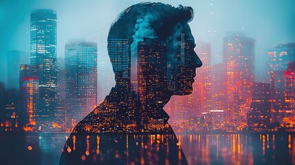 Business professional silhouette blended with city sunset double exposure, soft tones, success international concept