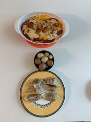 Cheese Hamburg Steak, Soy-braised Quail Eggs, Fried Dumplings