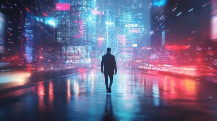 A lone figure walks through a neon lit cyberpunk city.