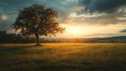 Fototapeta premium A lone tree stands tall in a field at sunset, with the sun setting behind it and clouds in the sky.