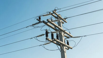 Utility pole with power lines against a clear blue sky.