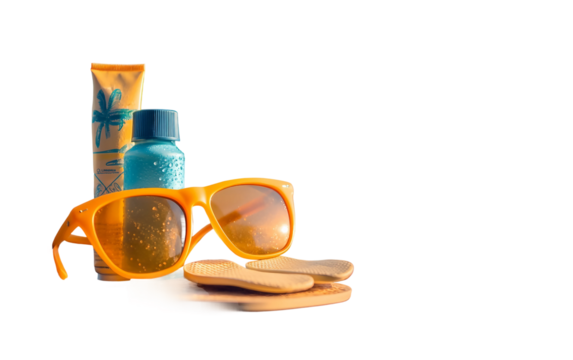 Essential summer travel accessories with sunglasses flip flops and sunscreen ready for vacation isolated on transparent background PNG