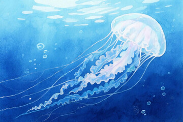 Hand-drawn watercolor jellyfish floating in deep sea, soft transparent textures