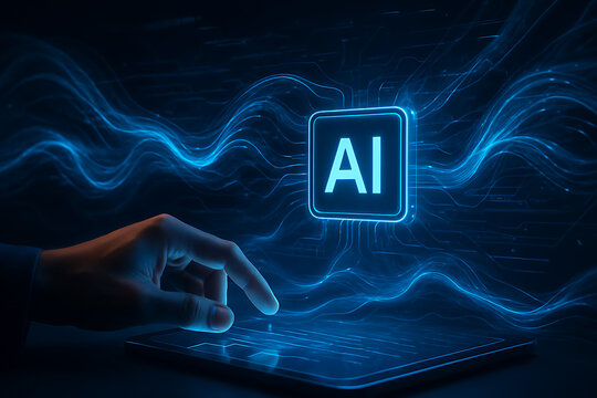 hand points to a glowing AI icon on a digital tablet, with a futuristic background of blue waves, highlighting the future of artificial intelligence and technology