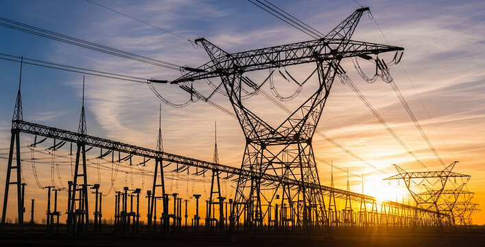 Electrical power lines and substation against a sunset or sunrise sky.