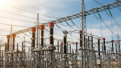 Electrical substation with power lines and transformers against a blue sky.