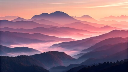 Obraz premium Gradient low-poly mountain ridges. Abstract 3D mountains with glowing edges and ambient gradient fog.