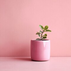 Small Green Plant in Pink Pot on Soft Pink Background with Minimalist Aesthetic and Natural Elements