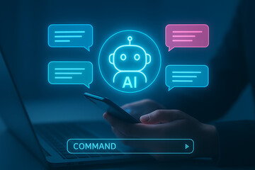 a person's hand holding a smartphone while an ai robot chatbot with different chat icons is appearing on the phone's screen with a command bar