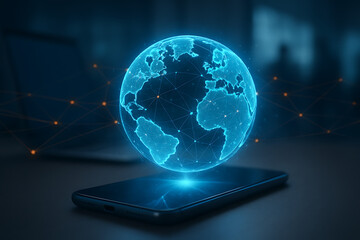 a human hand holding a smartphone with a glowing blue globe showing a global network connection over a blurred office background