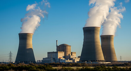 Nuclear power station with large cooling towers emitting steam, energy industry and electricity production concept.