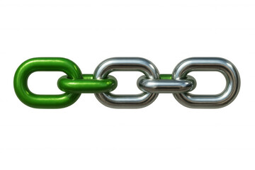 Obraz premium Interlocking green and silver chain links representing connection, teamwork, and industrial strength against transparent backdrop