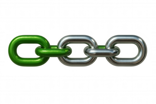 Interlocking green and silver chain links representing connection, teamwork, and industrial strength against transparent backdrop