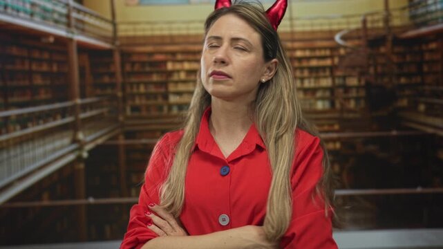 Woman crossing arms in a library setting wearing a red shirt and devil horns headband with rows of bookshelves behind; denial.