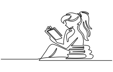 A minimalist line drawing depicts a child comfortably seated, deeply engrossed in reading a book. The singleline art style emphasizes the peaceful moment of quiet reading and absorption in literature.